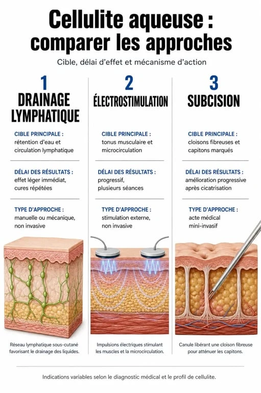 Infographie comparative des traitements pour la cellulite aqueuse avant après : drainage, électrostimulation et subcision.