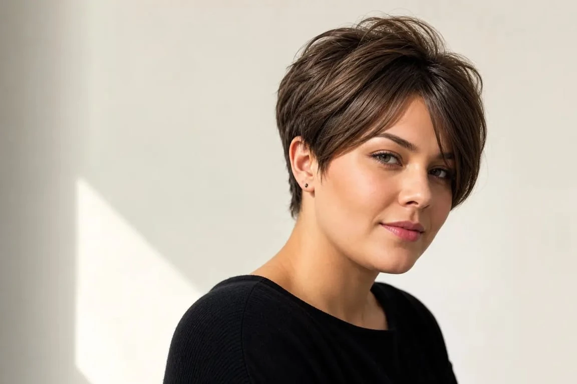 Visage rond moderne coupe courte femme : inspiration éditoriale d’une coupe courte moderne flatteuse