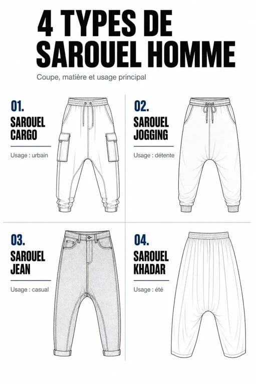 Infographie comparative des différents styles de sarouel homme : cargo, jogging, jean et khadar pour choisir le modèle adapté.
