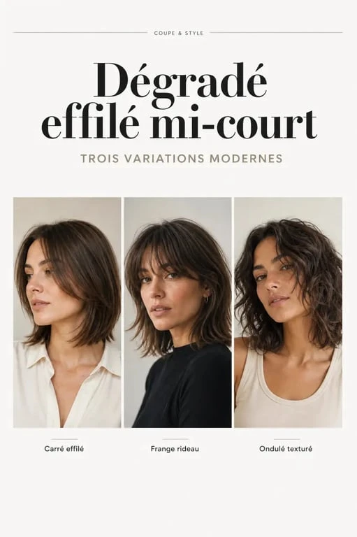 Inspirations de coupe de cheveux femme dégradé effilé mi-court avec trois variantes modernes et élégantes