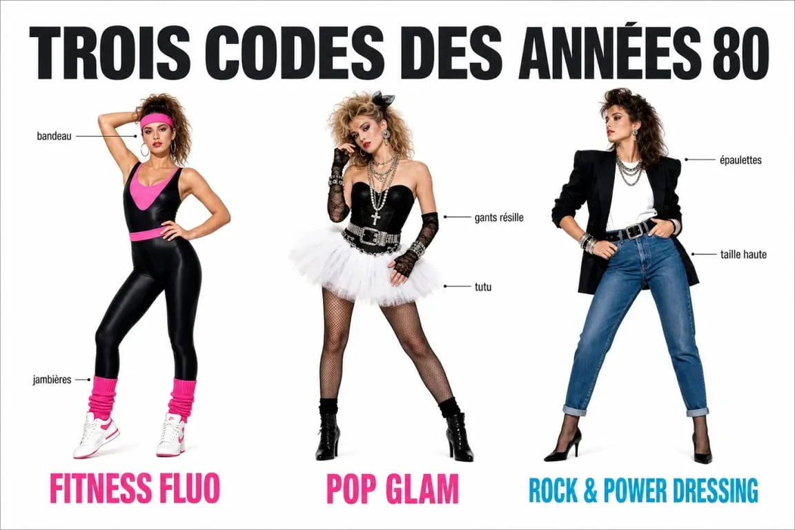 Tenue année 80 femme : trois looks féminins emblématiques des années 80 en composition éditoriale