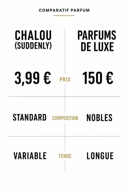 Comparatif visuel entre le parfum Lidl Chalou et les parfums de luxe : prix, composition et tenue.
