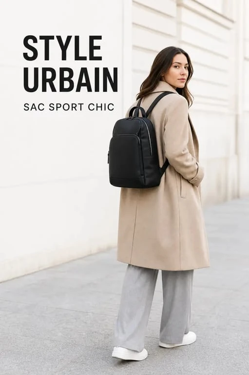 Sac à dos femme sport chic porté dans une tenue urbaine élégante en ville