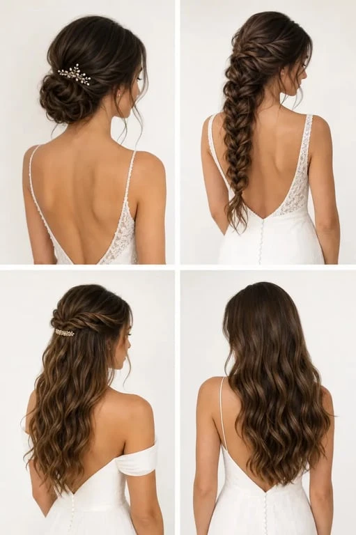 Inspiration coiffure mariée cheveux longs avec chignon bas, tresse bohème, demi-attache et ondulations naturelles