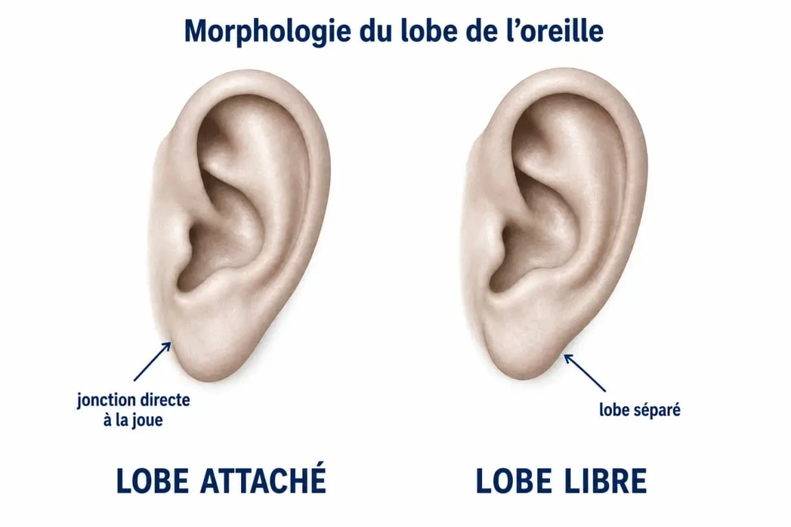 Lobe oreille attaché signification : schéma comparatif entre lobe attaché et lobe libre