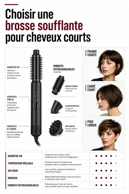 Brosse soufflante cheveux courts : visuel comparatif des critères à privilégier pour choisir le bon modèle