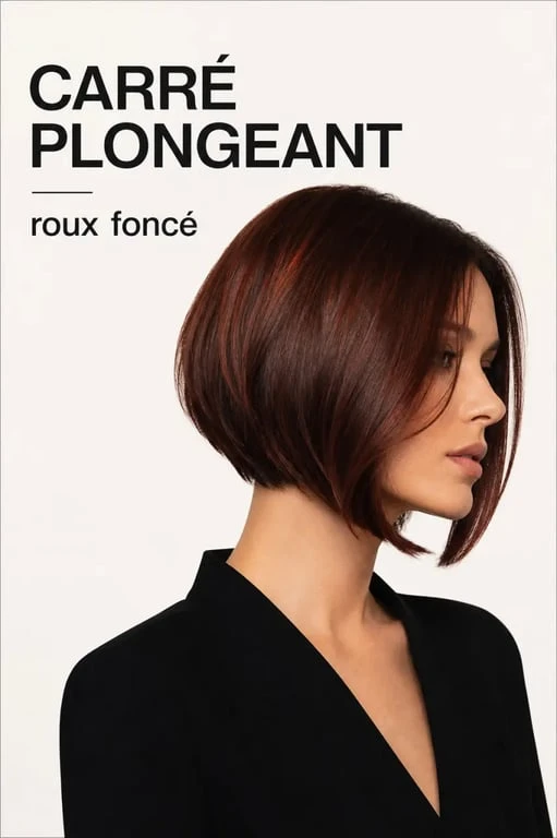 Inspiration carré plongeant roux foncé sur femme au visage encadré par des mèches longues et brillantes