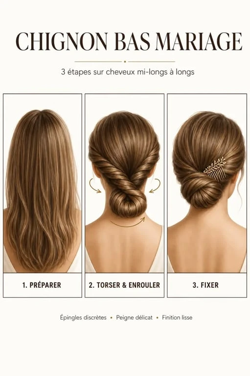 Chignon bas mariage en trois étapes sur cheveux mi-longs à longs, élégant et romantique