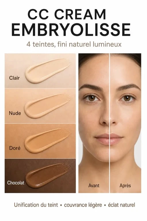embryolisse cc cream avis : swatches des 4 teintes et rendu naturel du teint