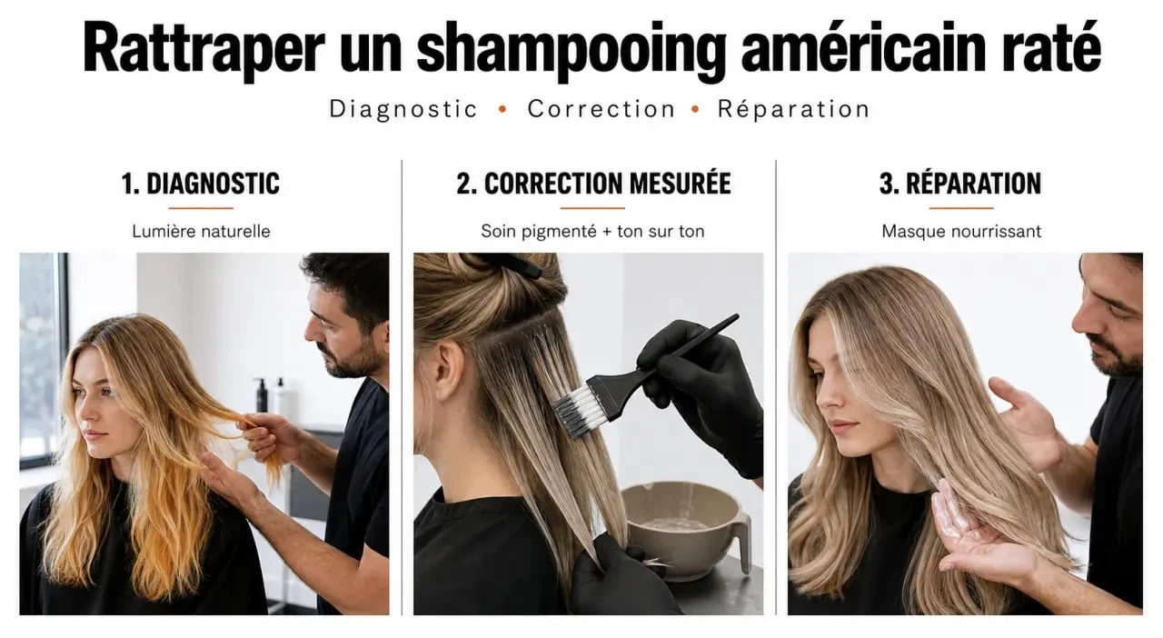 Shampooing américain raté : illustration des étapes pour diagnostiquer, corriger et réparer les cheveux
