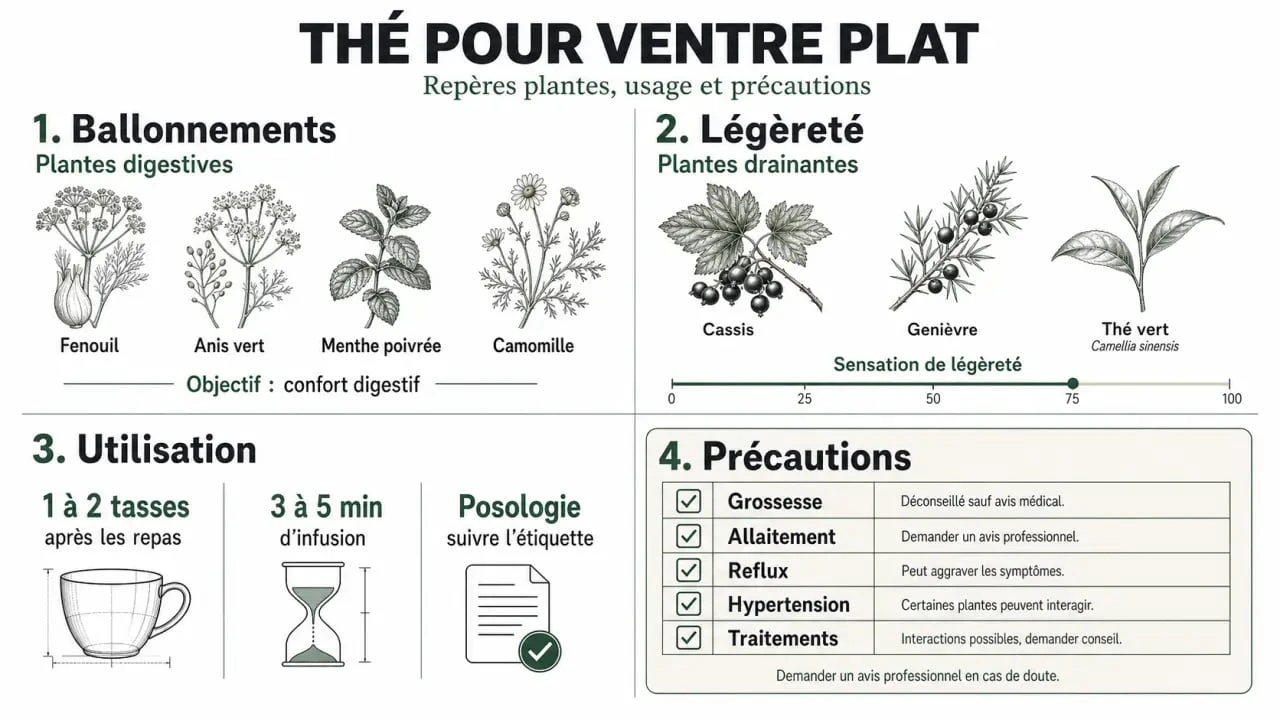 The pour ventre plat : infographie sur les plantes digestives, drainantes et les précautions d’emploi