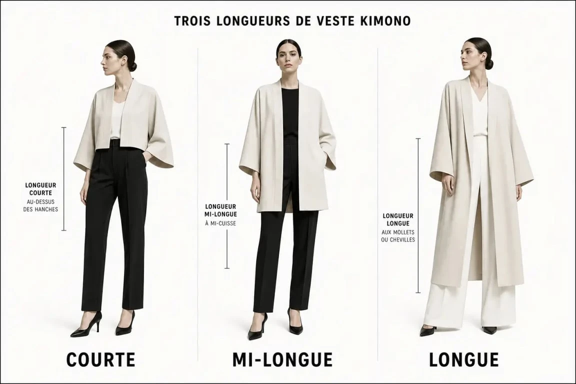 Veste kimono courte mi-longue et longue illustrée sur trois silhouettes contemporaines