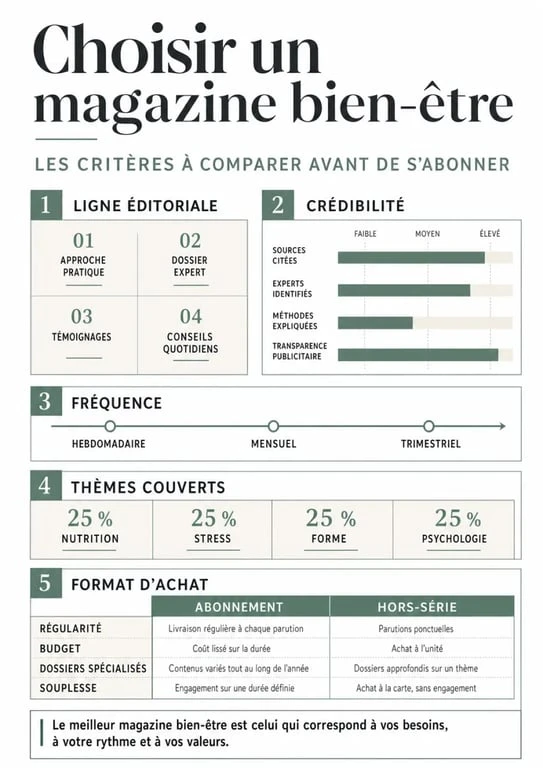Comparatif visuel pour choisir un magazine bien être selon les thèmes, le format et la fréquence
