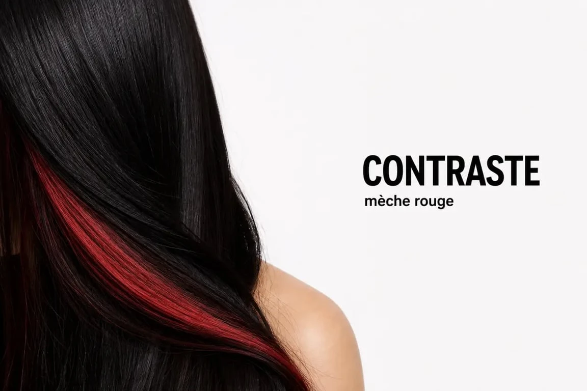 Cheveux noir meche rouge avec une mèche rouge cerise contrastant sur cheveux noirs