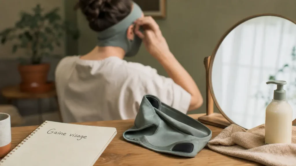 Gaine visage avis : produit en néoprène près du miroir, peau visible