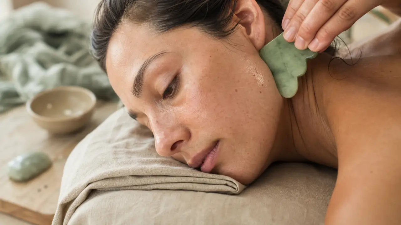 Gua sha : avis dermatologue, pierre jade sur joue, risques et bénéfices plausibles