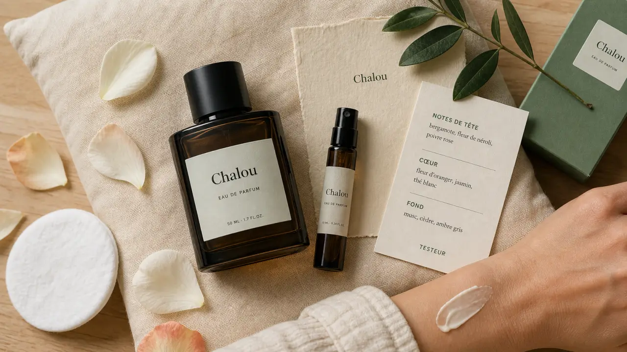 lidl parfum chalou, flacon ambré sur table bois