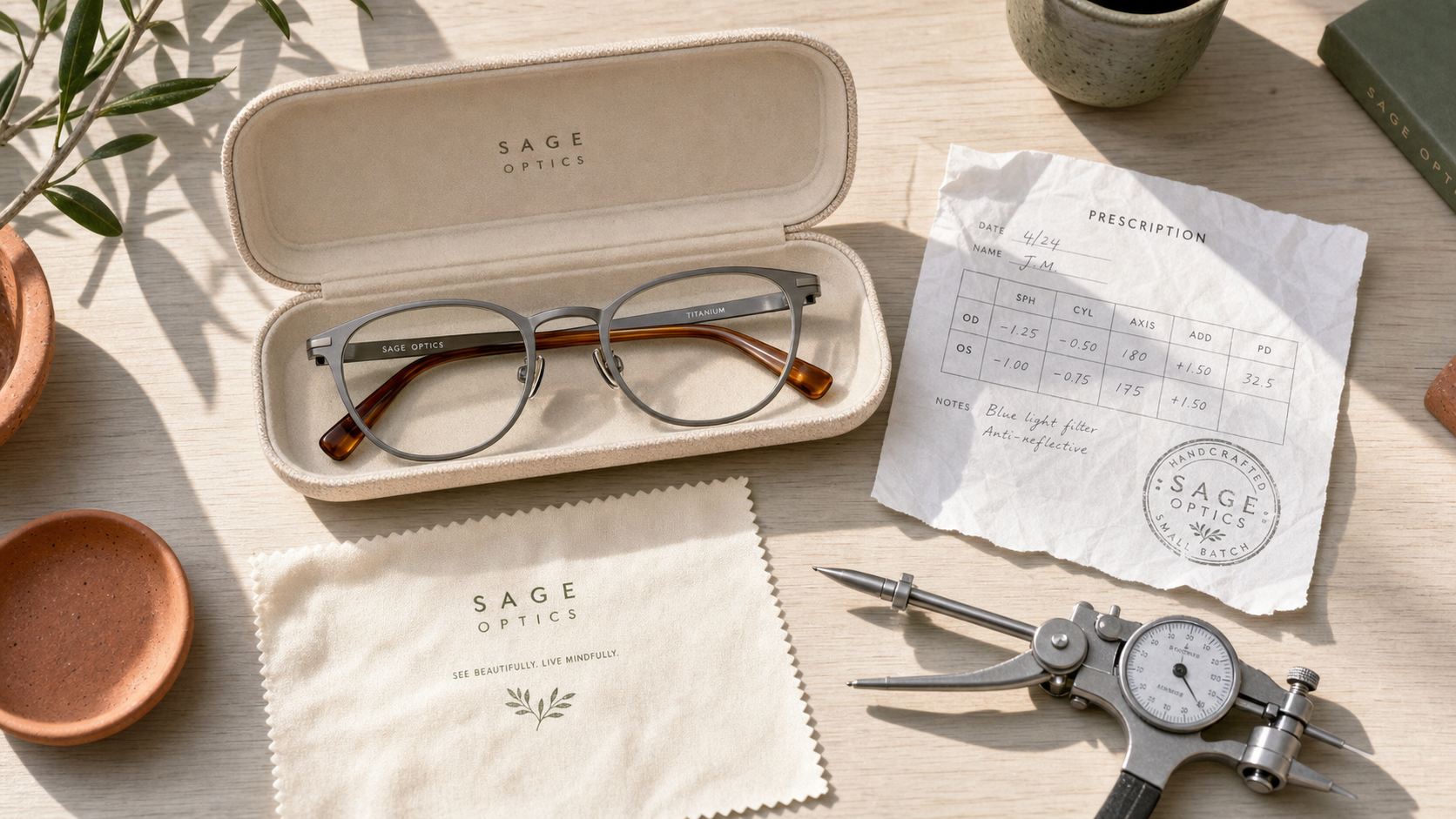 Lukkas lunettes titane et acétate, packs de verres sur table