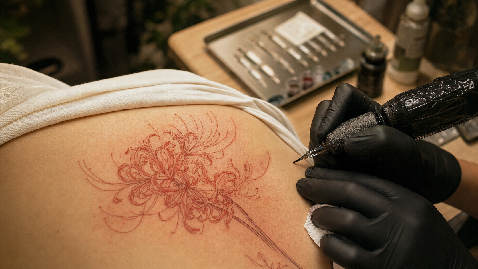 Lycoris rouge tatouage signification, stencil lycoris rouge sur peau
