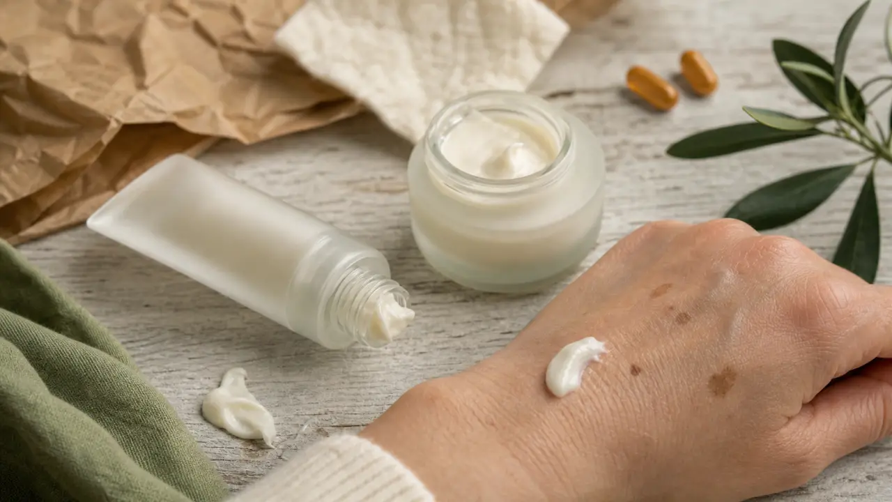Meilleure crème mains anti-taches, texture crème sur peau avec taches brunes
