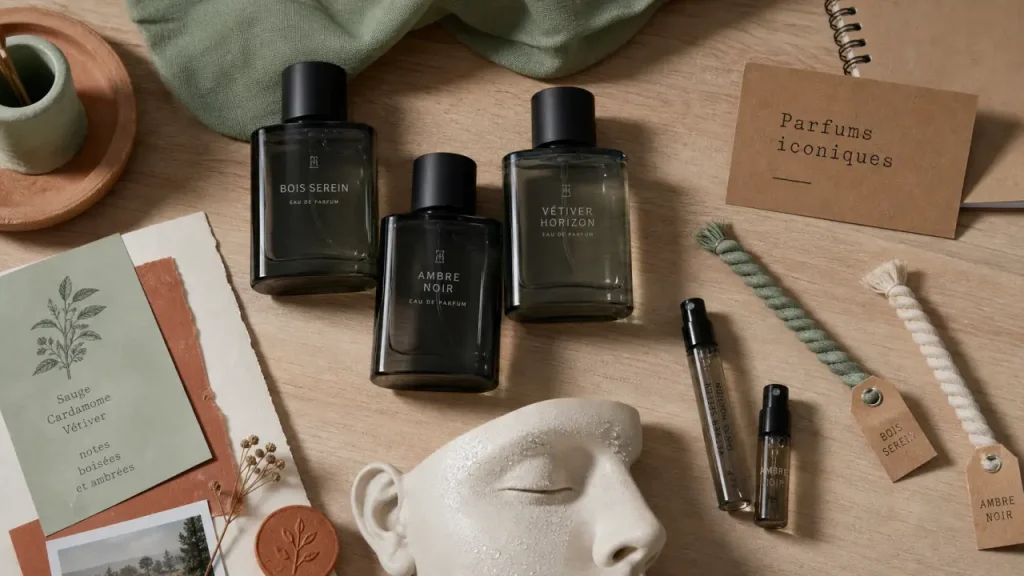 Meilleurs parfum hommes : trois flacons sur table bois