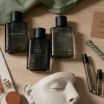Meilleurs parfum hommes : trois flacons sur table bois