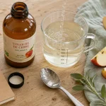 Régime et vinaigre de cidre, 10 ml par jour, bouteille et verre doseur