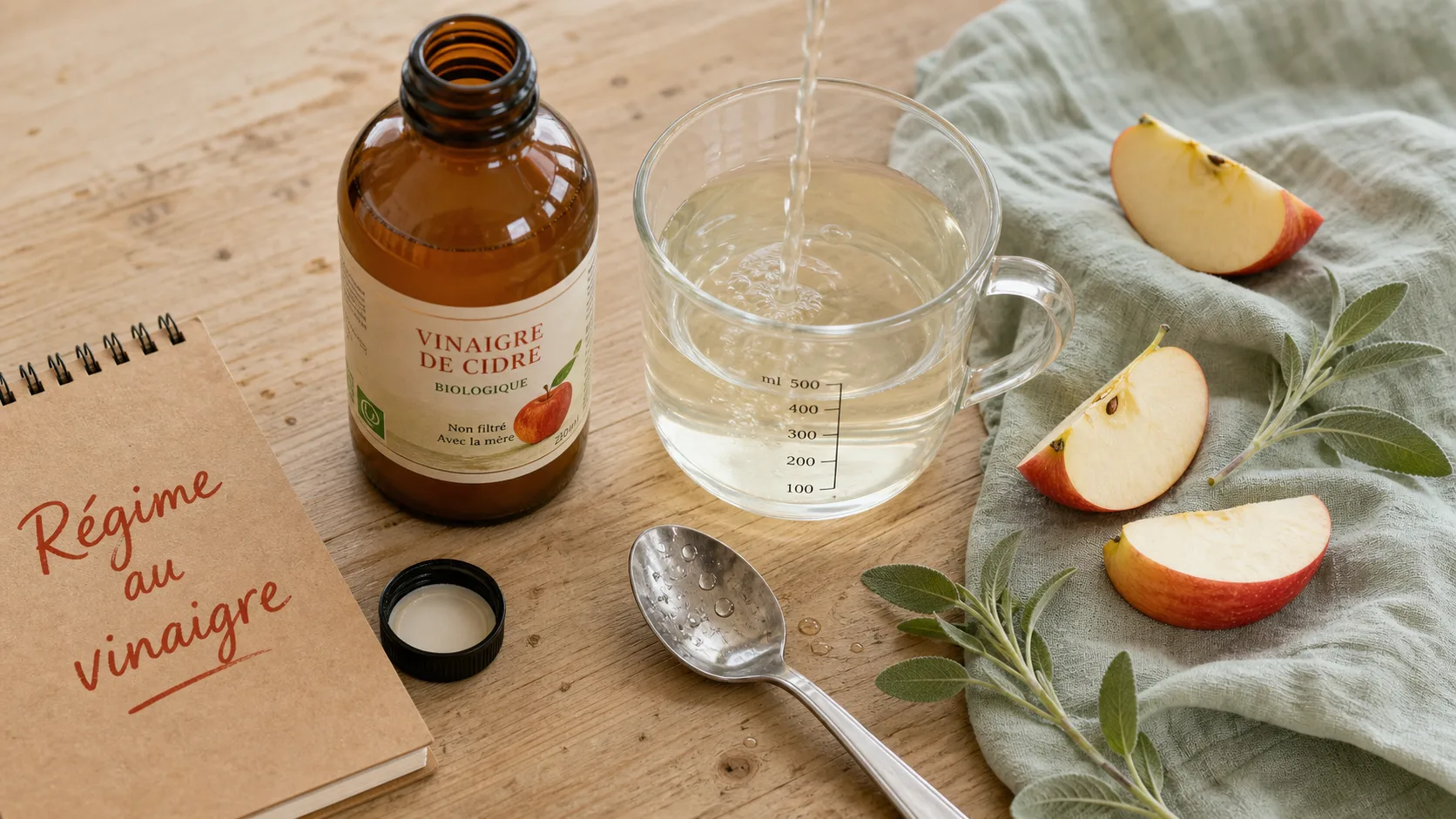 Régime et vinaigre de cidre, 10 ml par jour, bouteille et verre doseur