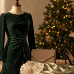 Robe noël en velours vert sapin, détails dentelle et satin, accessoires beige