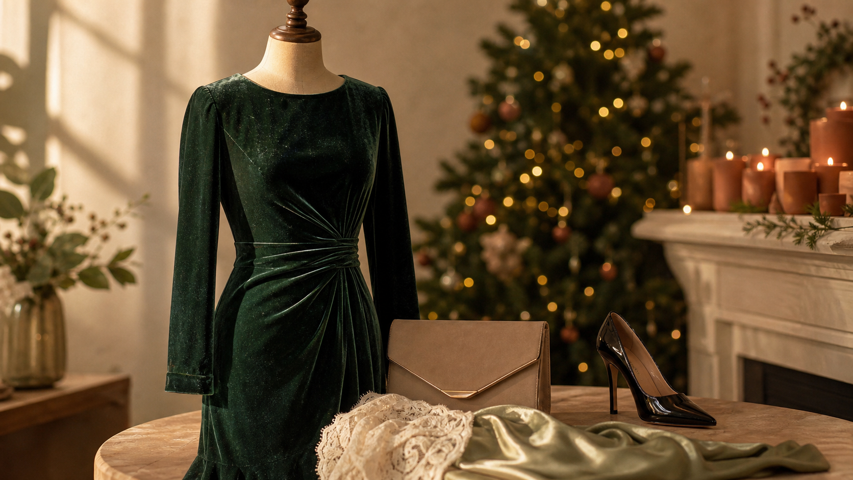 Robe noël en velours vert sapin, détails dentelle et satin, accessoires beige