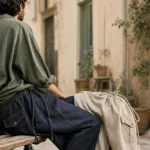 Sarouel homme denim et coton sur banc, vue extérieure urbaine