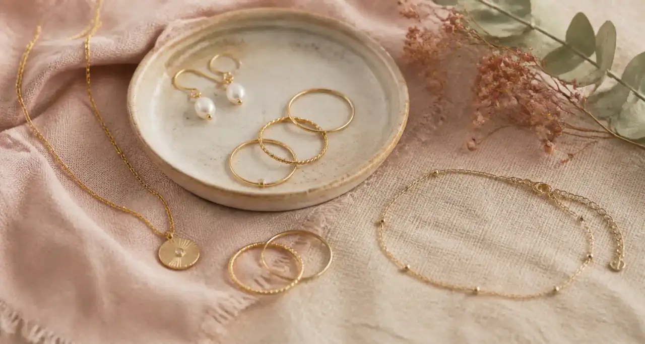 Bijoux fins en or et perles présentés sur un tissu rose et du lin