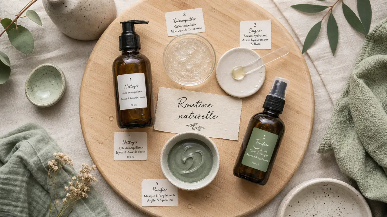 Soins naturels pour le visage : routine en 5 étapes, flacon, sérum, masque, hydrolat