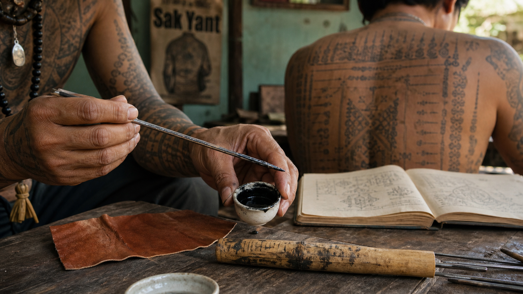 Tatouage thaï Sak Yant : mains tatoueur et encre noire