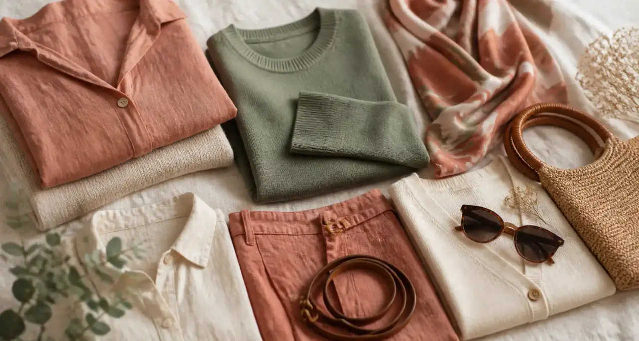 Pièces mode en lin et maille dans des tons rose, sauge et crème