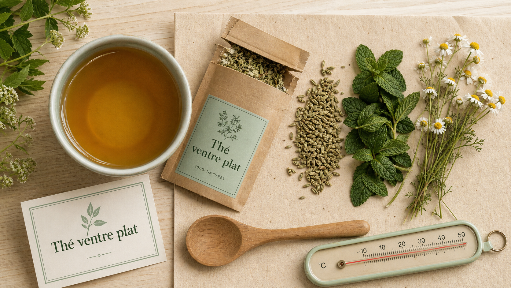 The pour ventre plat : tasse d’infusion ambrée et plantes digestives (fenouil, menthe)