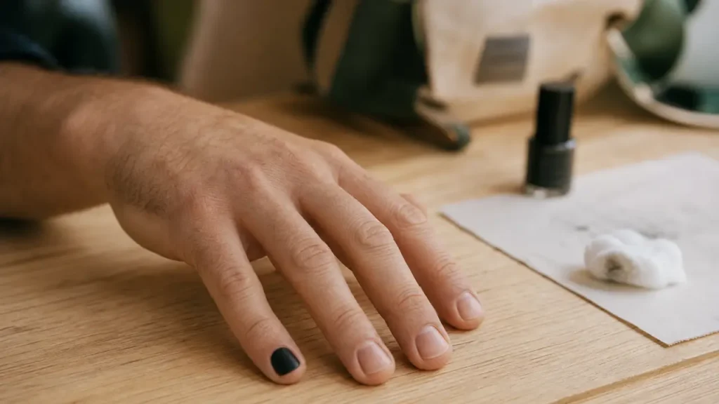 Vernis à ongle homme signification : main masculine avec vernis noir mat