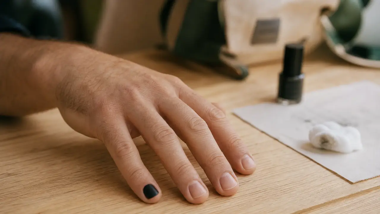 Vernis à ongle homme signification : main masculine avec vernis noir mat