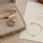Bijoux Cartier femme : bague Trinity et bracelet Love en or rose