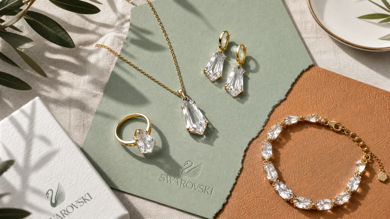Bijoux Swarovski femme : collier, bague et boucles scintillants sur fond lin beige