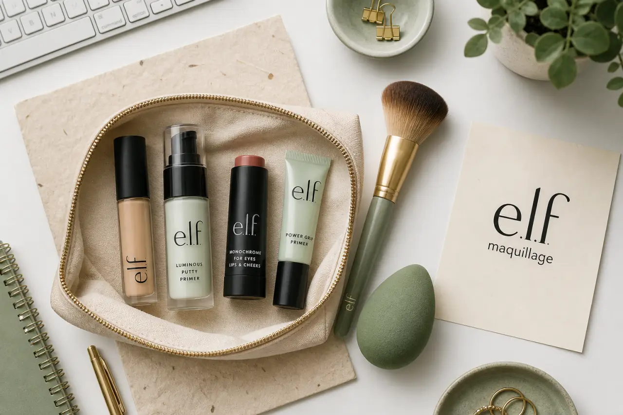 elf maquillage e.l.f. flat-lay : trousse et produits phares sur fond beige