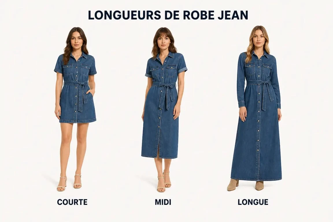 Robe jean femme : comparaison des longueurs courte, midi et longue dans une composition éditoriale