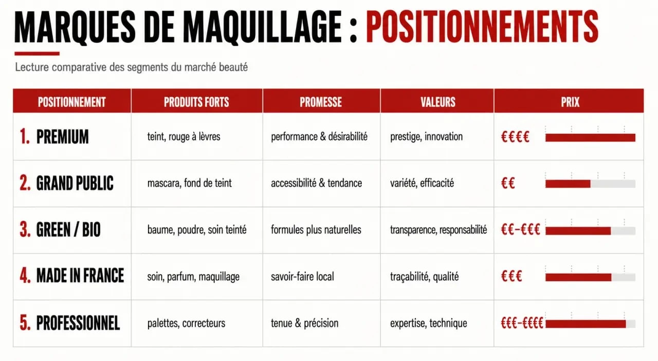 Comparatif visuel d'une marque de maquillage selon son positionnement, ses produits forts et son niveau de prix