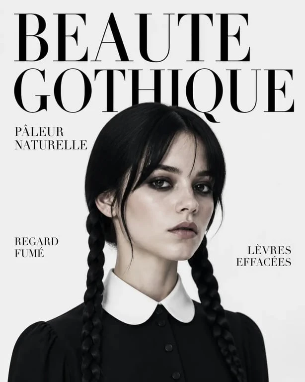 Maquillage mercredi addams terminé avec teint pâle, yeux sombres et style gothique élégant