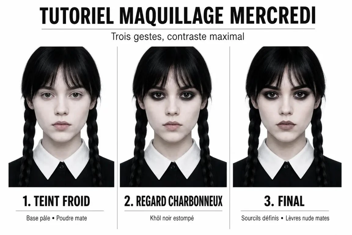 Maquillage mercredi addams en tutoriel visuel avec teint pâle, regard charbonneux et lèvres nude