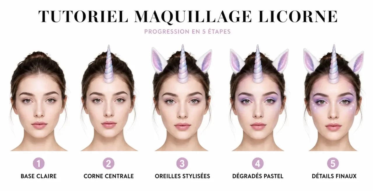 Tutoriel maquillage licorne en 5 étapes avec corne, oreilles et dégradés pastel
