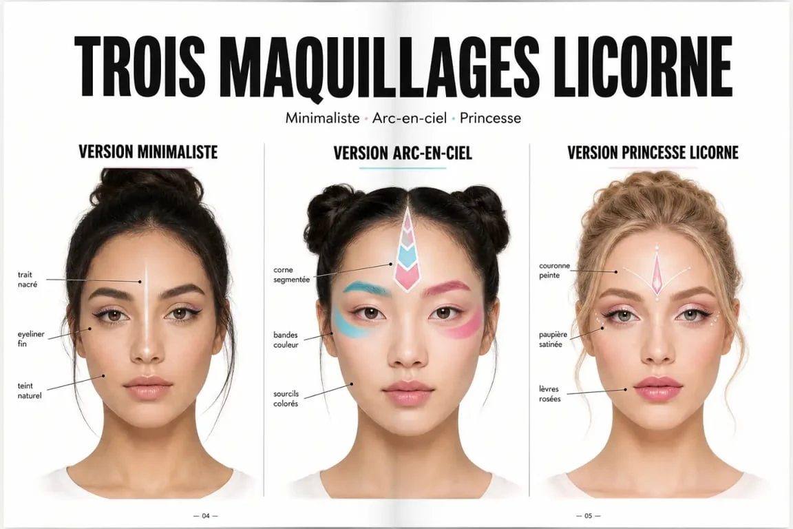 Trois idées de maquillage licorne : minimaliste, arc-en-ciel et princesse licorne