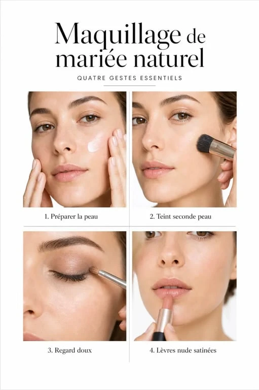 Maquillage mariée naturel en quatre étapes avec préparation de la peau, teint léger, regard doux et lèvres nude