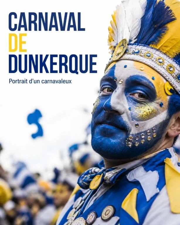 Maquillage carnaval dunkerque bleu blanc jaune sur le visage d’un carnavaleux avec clet’che