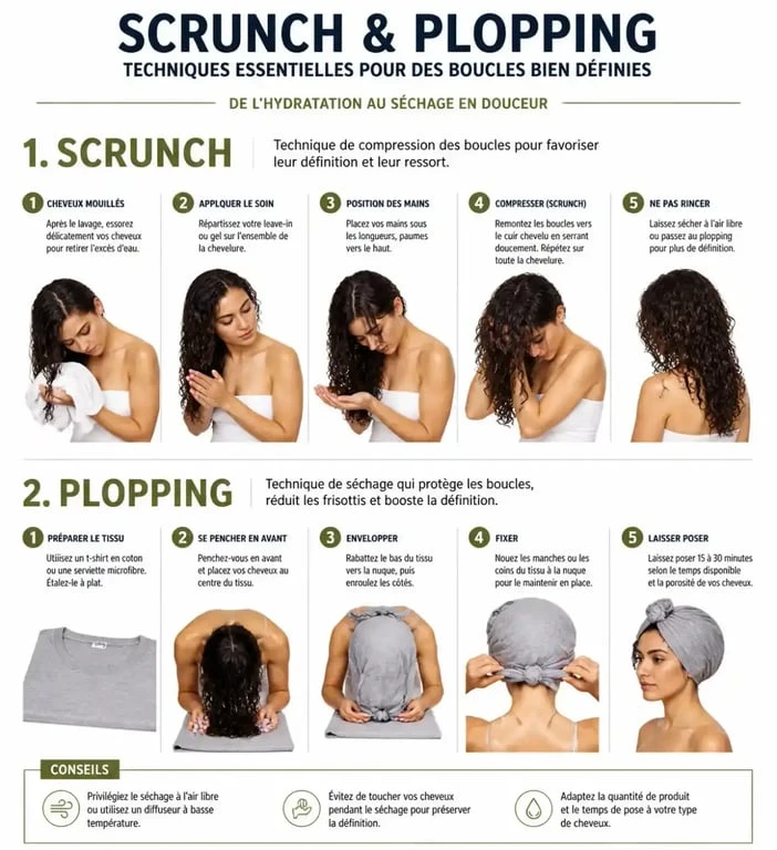 Gestes techniques pour définir ses boucles : scrunch et plopping
